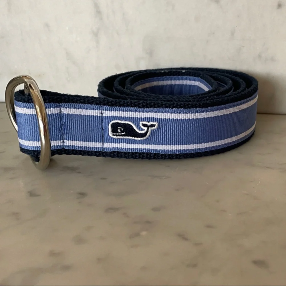 VINEYARD VINES D-Ring Webbed Cotton Navy and Light Blue Stripe Belt M - Picture 2 of 14